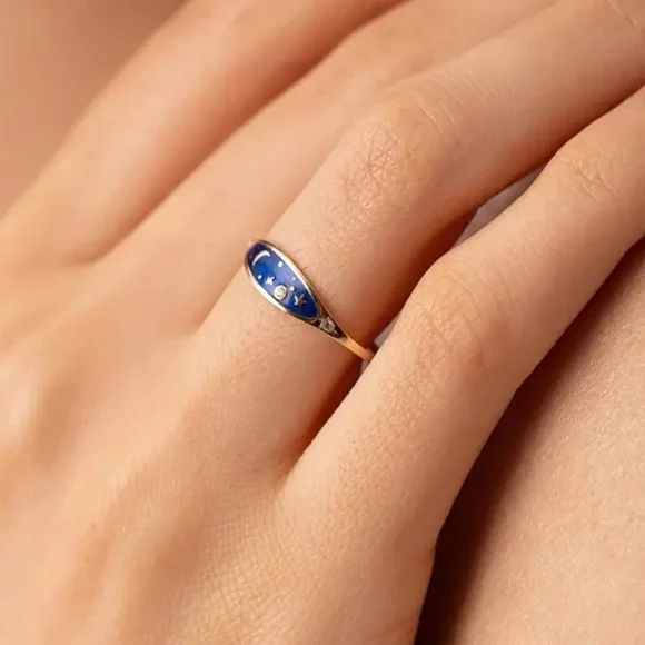 Golden Plated Copper Ring with Enamel Sky Design Moon and Stars Size 7 - Picture 2 of 3